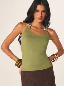 MISSGUIDED Olive Green Halter Tank Top With Beaded Straps Summer Sleeveless Camisole - Green - View 4
