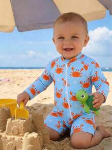 SHEIN 6-9M Baby Boy Long Sleeve Swimsuit, Cute Crab Cartoon Print One-Piece Swimwear For Infant Boys, Suitable For Beach, Vacation, Play, Sand, Holiday, Travel, Summer Rashguard For Baby Boy Rompers For Baby Boy Unisex Baby Clothes Baby Clothes Sleepwear For Baby Toddler Swim Wear Baby Bathing Suits Baby Beach Wear Swim Suit For Boys - Multicolor - View 3