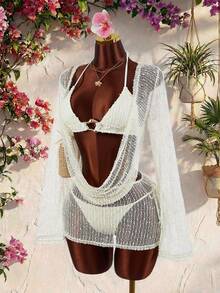 Amplova 4pcs Vacation Beach Bikini Set With Cover-Up - Apricot - View 3