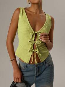 Forever 21 Débardeur casual femme de couleur unie texturé à lacets - Vert - Voir 5
