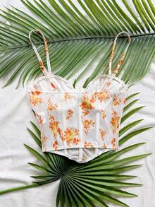 Soleia Camiseta de malla con estampado floral vintage romántico para mujeres, adecuada para vacaciones, citas, té de la tarde, festivales de música, estilo bohemio - Naranja - Ver 2
