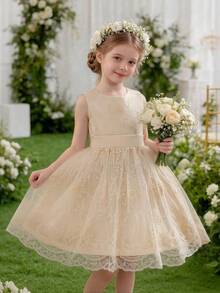 SHEIN Glamorique Kids 杏色刺绣网纱无袖蓬蓬裙，缎面面料，蝴蝶结装饰，优雅婚礼派对礼服，欧美风格，正式舞台表演礼服 - 杏色 - 查看 10