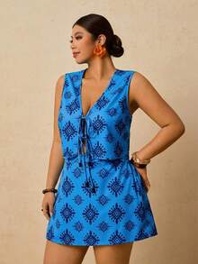 Travachic Plus Size Women's Dark Blue Retro Pattern 2-Piece Set,Front Tie Bow Sleeveless Vest Top With Loose Skort,Boho Summer Vacation Holiday Outfit - Blue - View 3
