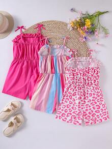 SHEIN Genkimix Kids 3件套少女休闲度假可爱碎花条纹纯色连体衣，适合多子女家庭、海滩度假、户外玩耍、上学等场合。 - 彩色 - 查看 2