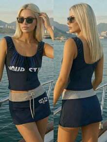 Fluxe Top casual de mujer con rayas, patchwork, estampado de letras y espalda descubierta, jersey de la Copa del Mundo, conjuntos de verano, conjuntos de festival, conjuntos de playa, conjuntos para salir al mar, ropa de gimnasio para mujer, conjuntos casuales de gimnasio, conjuntos de vacaciones, ropa deportiva, conjuntos de entrenamiento - Negro - Ver 4