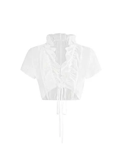 SHEIN x Luisa Sonza ROMWE Avant Camisa transparente y corta con pliegues y lazos, estilo vintage francés de vacaciones en Sicilia, para mujer