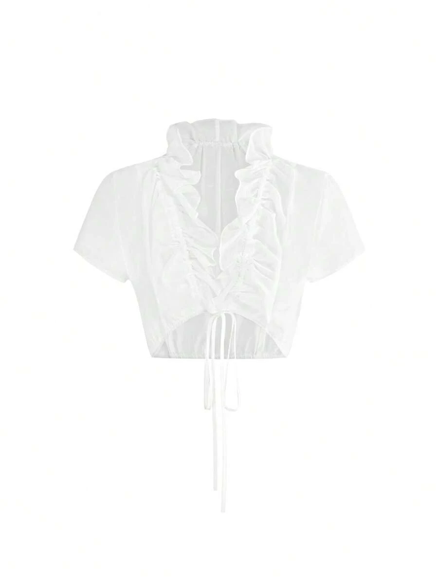 SHEIN x Luisa Sonza ROMWE Avant 女士复古法式西西里度假风性感透视褶皱系带超短罩衫 - 白色 - 查看 1