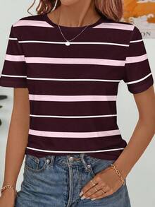 SHEIN Frenchy Áo thun nữ tay ngắn cổ tròn dáng rộng, tối giản, phong cách sinh viên, kẻ sọc bất đối xứng, đa năng, phù hợp cho mùa xuân/hè và mùa thể thao. - Nhiều màu - Xem 2