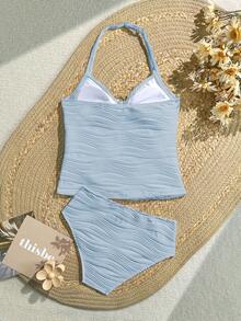 SHEIN Tween Girl Metal 3D Floral Halter Tankini Set,Blue Texture Design Two-Piece Swimwear With High-Waisted Briefs,Summer Tropical Beach Vacation Holiday - Baby Blue - View 2