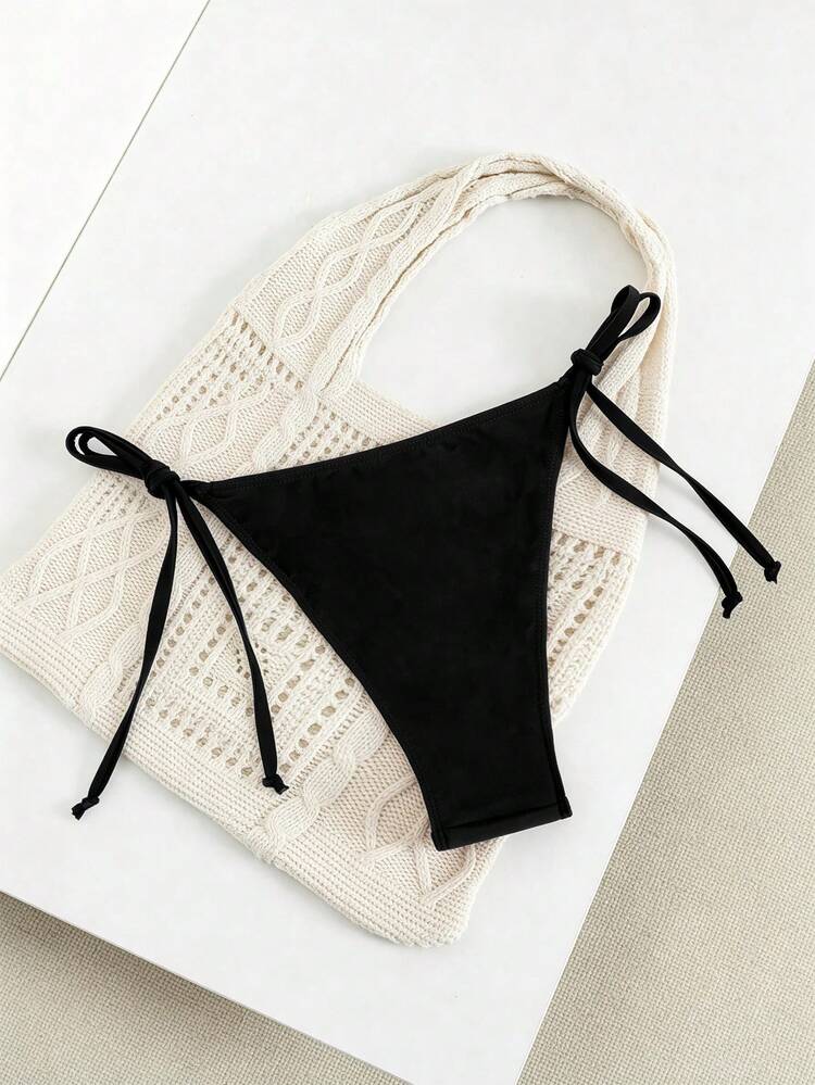 Quần bikini buộc dây bên hông màu trơn dành cho nữ, thích hợp cho mùa xuân/hè. - màu đen - Xem 2
