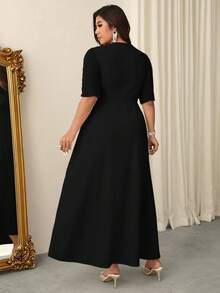 Firerie Plus Size Women's Fashionable Solid Color Wrap Around Pleated Dress - Black - View 7