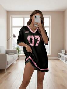SHEIN EZwear Women V-Neck Mesh Mini Dress, Jersey No.07, Black & Pink, Suitable For Summer, Suitable For Sports Games,Casual Dresses For Women Chic Dress - Multicolor - View 6