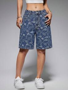 Jeanoix Women's Casual Streetwear Everyday Denim Shorts With Pockets And Button Closure Light Blue Floral Summer - Blue - View 4