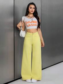 SHEIN ICON 女士休闲日常纯色斜插口袋阔腿牛仔裤 - 淡黃色 - 查看 5