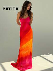SHEIN Aloruh Petite PETITE Women's Summer New Vacation Style Rainbow Ombre Mesh Floral Print Romantic Tropical Multi-Color Backless Maxi Boho Dress Pink And Orange - Multicolor - View 4