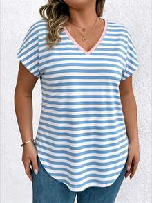 Striped V-Neck Casual Short-Sleeved T-Shirt, Plus Size Women's T-Shirt, Summer Style - Multicolor - View 3