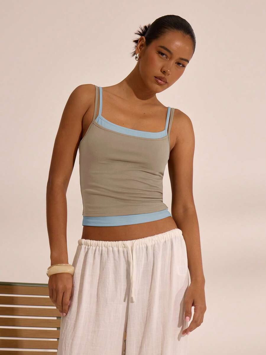 MUSERA 双层吊带方领吊带背心，度假波西米亚风，伊比沙岛风格，优雅可爱，适合冬季、圣诞节、节日、派对等场合。 - 卡其色 - 查看 1