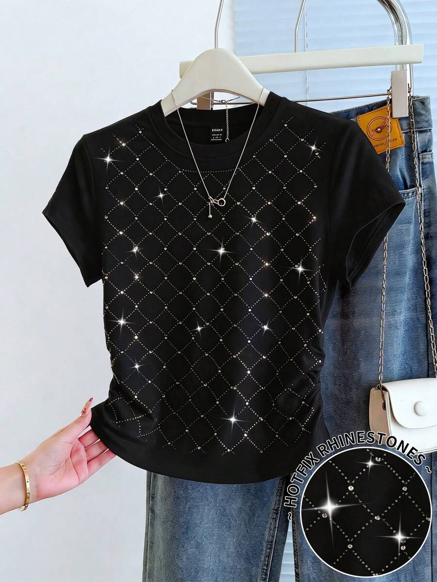 Men's Rhinestone Plaid Round Neck Short Sleeve Casual Versatile T-Shirt - White - View 1