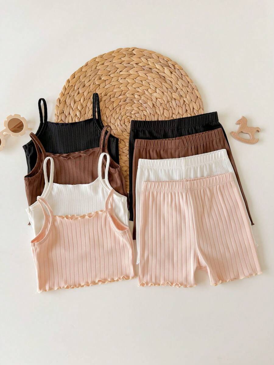 SHEIN Set de 8 piezas de tops de camiseta de colores caramelo acanalados para niñas jóvenes - Caqui - Ver 1