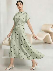 Heiryn Women's Colorblock Polka Dot Print Long Sleeve Dress - Green - View 4