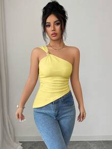 Rafferiza Women's Elegant Sexy Halter Sleeveless Top With Metal Decor, Textured Fabric, Waist Gathering, Suitable For Going Out, Dating, Vacation - Yellow - View 5
