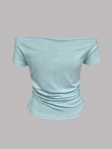 Camiseta de mujer de unicolor y diseño minimalista con hombros descubiertos, para uso casual diario - Celeste - Ver 4
