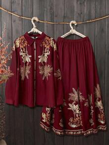 SHEIN Tall CURVE 黑色长袖衬衫和裙子两件套，舒适通勤及街头服饰，大码，秋冬款 - 酒紅色 - 查看 1