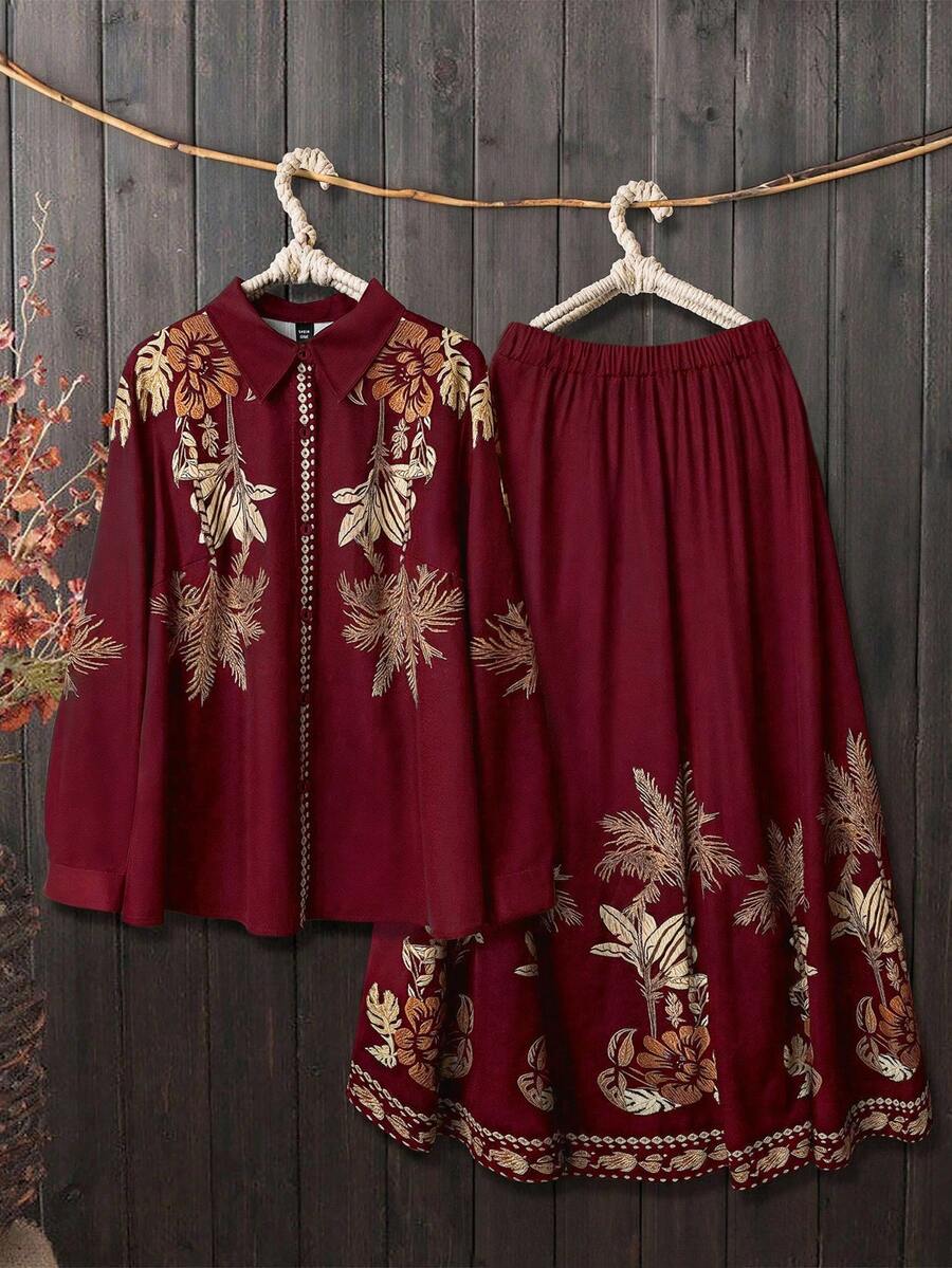 SHEIN Tall CURVE 黑色长袖衬衫和裙子两件套,舒适通勤及街头服饰,大码,秋冬款 - 酒紅色 - 查看 1
