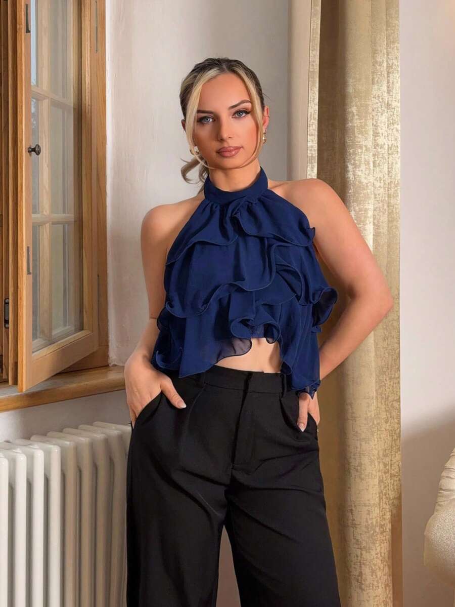 Jeta Ari Navy Multi-Layered Ruffle Crop Top,Cute Tops,Tube Tops Women,Elegant Shape,Backless Top,New Years Top,Party Tops Women,Off The Shoulder Top,Women's Casual Front Button Wide Strap Minimalist Blouse For Everyday Wear,Vintage Outfits, Women Clothes, Look Valentine's Day - Navy Blue - View 1