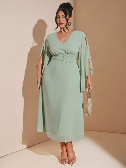 SHEIN BAE Plus Size Women Green Regular Mid-Length Dress,Summer,Spring,Festival Outfits ,King's Day,Mother's Day ,Party,Elegant,Plus Size,Curve,Vacation,Graduation,Elegant,Wedding Guest Dress For Wome,Graduation Dresses, Country,Y2k,Formal  Dress,Casual Dress For Women,,Green Dress