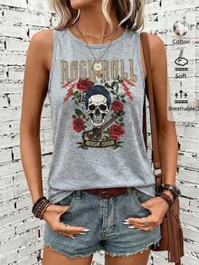 SHEIN LUNE 女士休闲百搭音乐节图案乡村音乐节骷髅乐器印花背心 - 淺灰色 - 查看 3