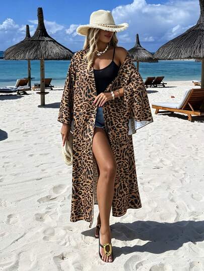 Ceyna Plus Size Women's Elegant Commuter Versatile Long Loose Leopard Print Long Lightweight Elegant Jacket, Spring/Summer Women's Kimono Outerwear Leopard Cardigan Leopard Print Kimono Long Kimono For Women Animal Print Cover Up Trending Outfit Trending Outfits For Women Ootd Outfit For Women Animal Print Outfit Women Leopard Print Cover Up Women Casual Outfits Leopard Print Outfit Women