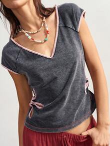 Bohemela Áo thun ngắn tay cổ chữ V phối màu thường ngày dành cho nữ - màu đen - Xem 2