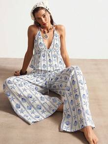 Bohemela Casual Vacation Woven Printed Halter Backless Top & Loose Wide-Leg Pants 2 Pieces Set For Women - Blue - View 3