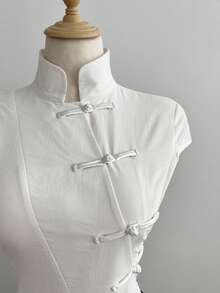 Flirla White,Summer,Elegant,Tea Party,100% Cotton Mandarin Collar Short Sleeve Fitted Side Slit Shirt,New Chinese Style Retro Chic Campus Casual Versatile - White - View 4