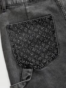 ROMWE MEN Street Life Men's Cross Embroidery Pattern Cargo Denim Shorts - Black - View 4