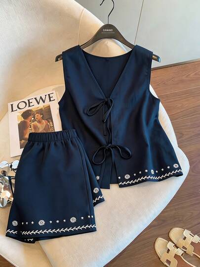 Franclia 2pcs Women Lace-Up Camisole And Shorts Set