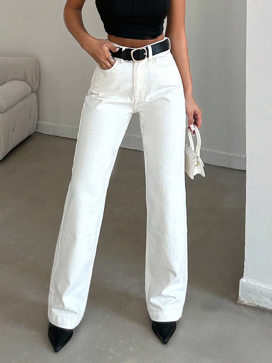 SHEIN Plus High Waist Casual Straight Jean - White - View 1