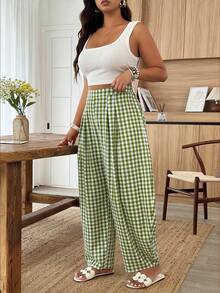 SHEIN LUNE Plus Size Women's Casual Vacation Pleated Plaid Pants, Suitable For Daily Wear And Vacation - Multicolor - View 4