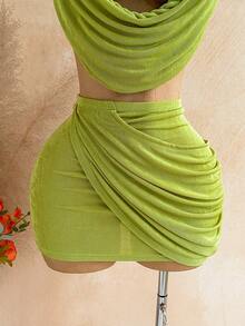 Soleia Conjunto de 2 piezas de top halter sin espalda y falda para vacaciones en la playa para mujer - Verde - Ver 8