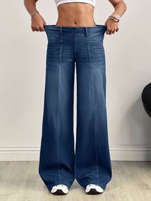 SHEIN Tall Tall Women's Front & Middle Patchwork Washed Loose Wide-Leg Jeans - Dark Wash - View 3
