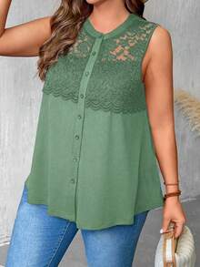 Flouryn Plus Size Women Round Neck Contrast Lace Button Cardigan Elegant Vest Green Lace Top Green Tops For Woman Elegant - Green - View 4