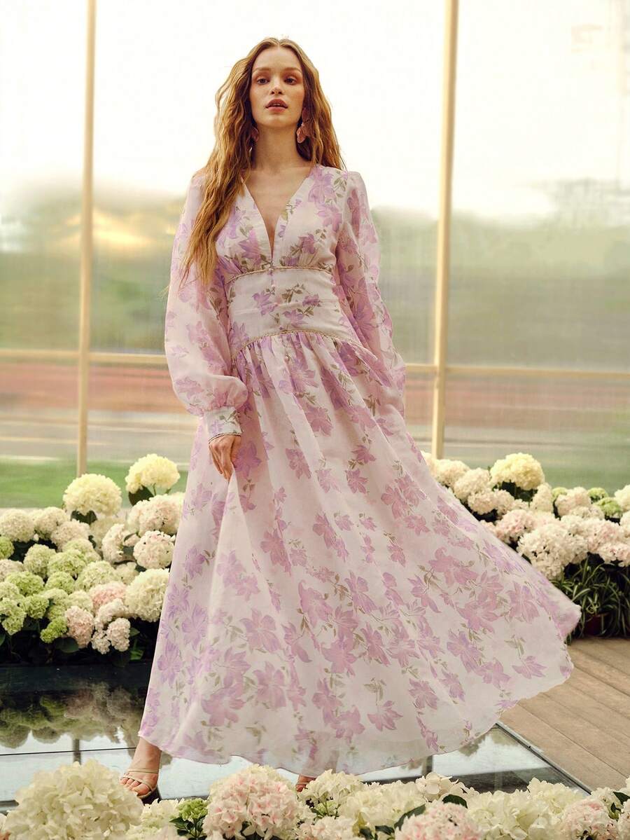 MOTF Soiréza ELEGANT WOMEN'S LONG SLEEVE LANTERN SLEEVE DEEP V-NECK PARTY GOWN ,UNIQUE SEAMED DESIGN WITH WAIST-CINCHING & RUFFLE TRIM DETAILING - Purple - View 1