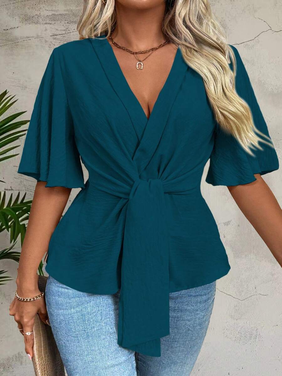 Linhara CURVE Plus Size Women's Fashionable Solid Color V-Neck Short Sleeve Blouse - Teal Blue - View 1