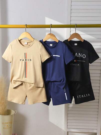 3 sets/6 piezas Conjunto de camiseta de manga corta con estampado de eslogan y pantalones cortos casuales para niños, adecuado para uso diario, vacaciones, deportes, verano