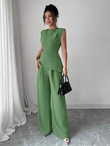Rafferiza 2pcs/Set Women Solid Color Textured Pleated Round Neck Sleeveless Top - Mint Green - View 4