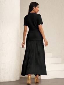Modelyn Women's Elegant Pink Textured Short Sleeve Jacket & Pleated Skirt 2 Pieces Set - Black - View 2