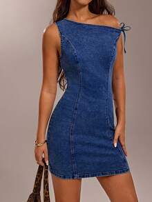 SHEIN Forever 21 Spring High Street Sexy Asymmetric Neck Tie-Up Fitted Women Denim Mini Dress - Royal Blue - View 1