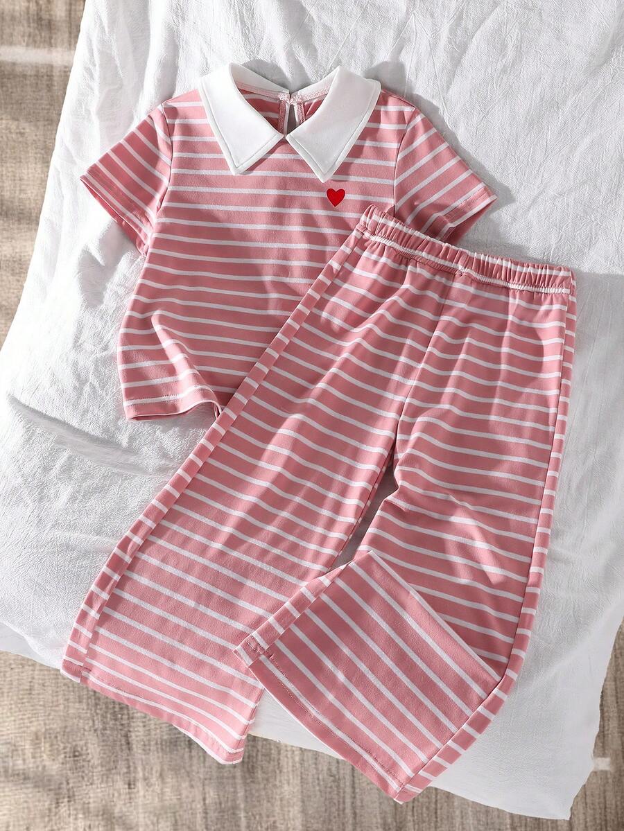 SHEIN Elladie kids Casuvi Kids 女童两件套：针织爱心印花条纹短袖 Polo 领 T 恤 + 针织阔腿裤，美式休闲复古风，适合春夏日常穿着