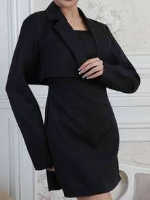Criza Taa 2pcs Set: Elegant Slim-Fit Blazer Jacket & Strapless Dress, Suitable For Commuting, Autumn/Winter - Black - View 7